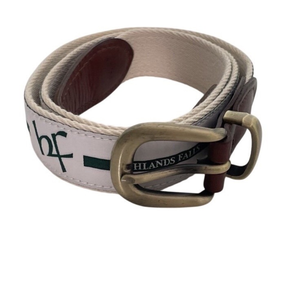 Vtg YRI Designs Golf Belt "Highland Falls" 38/95 Canvas Leather Ribbon Brass